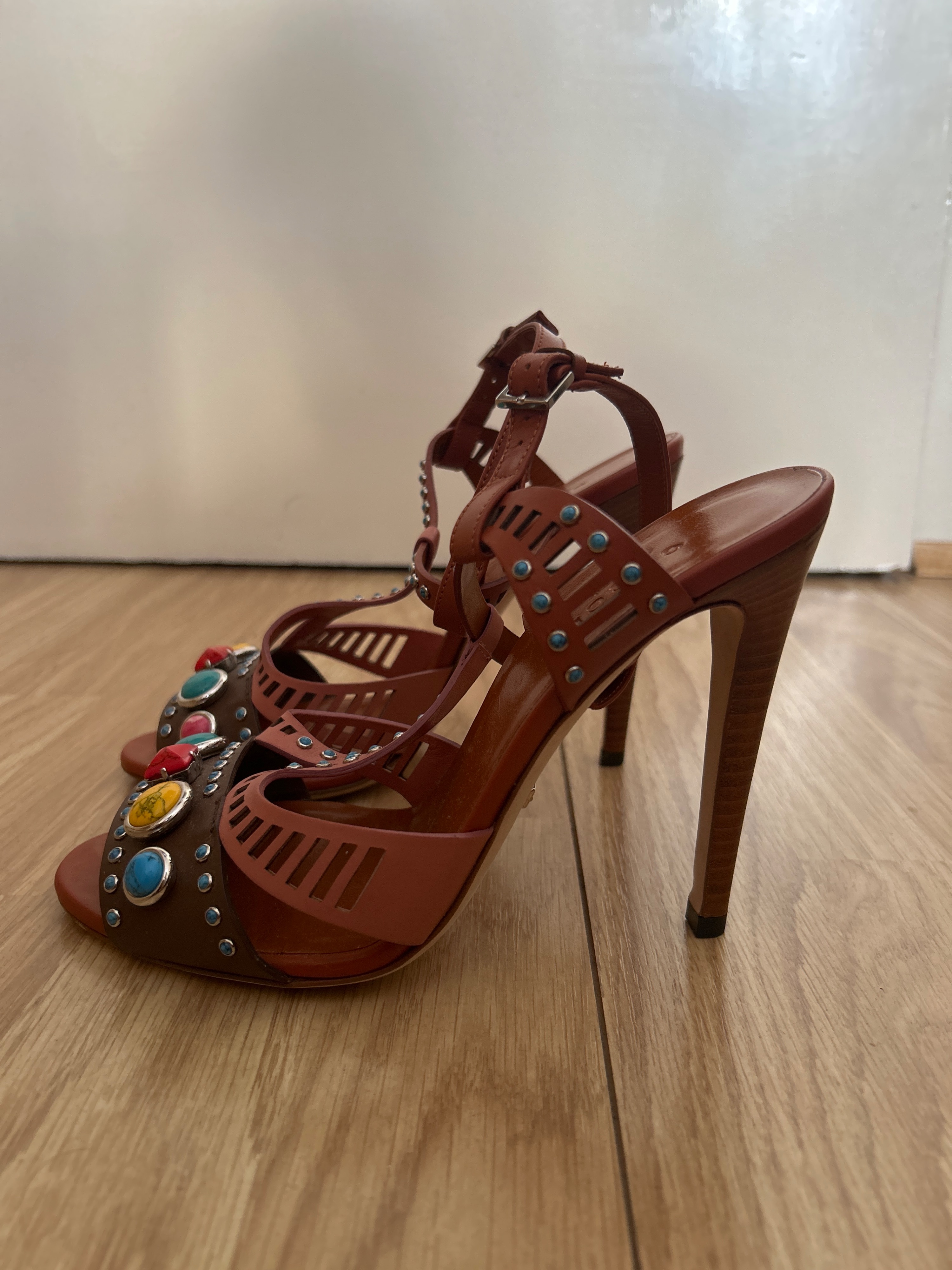 Preowned Gucci Multicoloured Embellished Heels Size 37 Brown blue red yellow tan leather