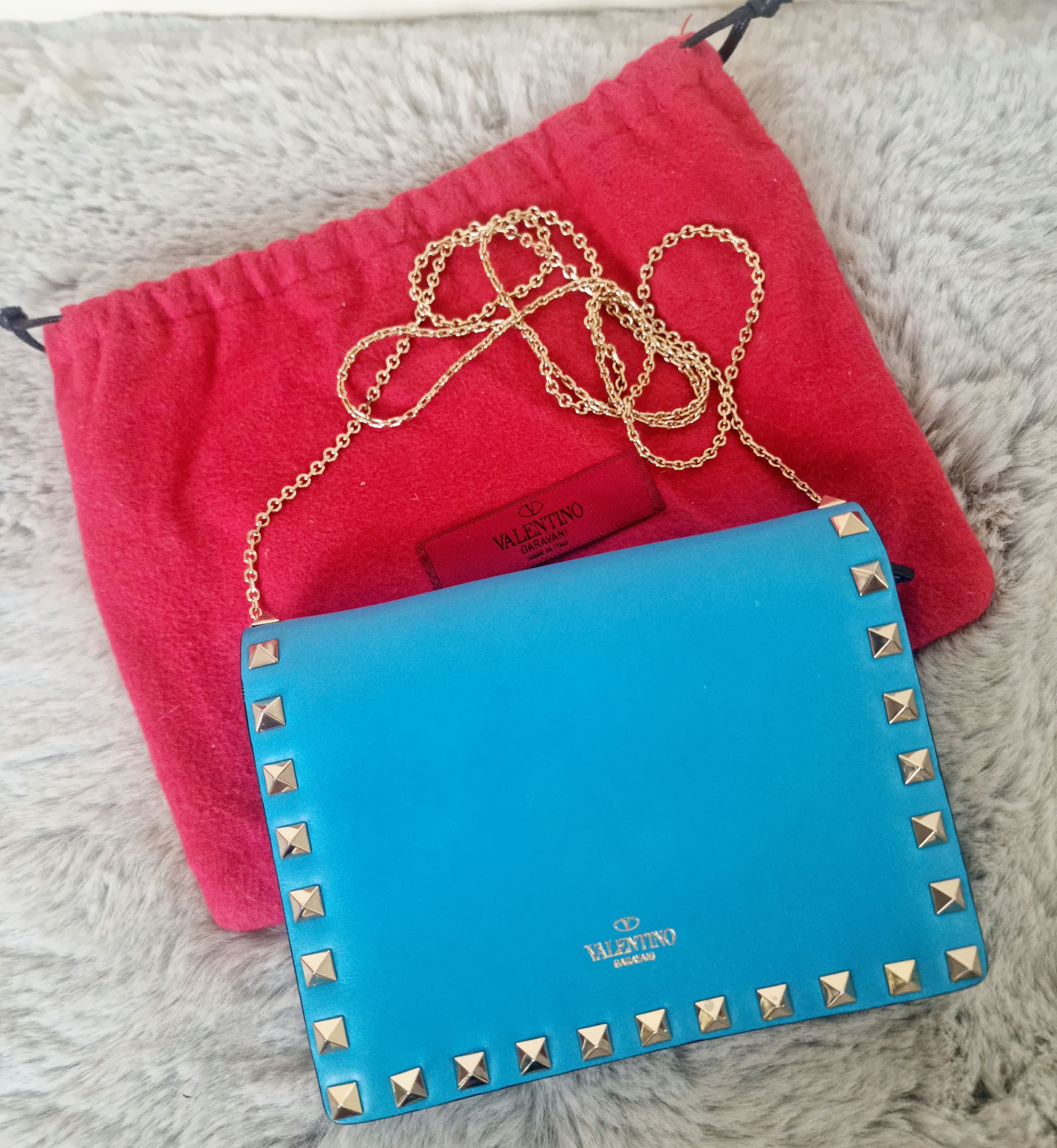 Preowned Valentino Blue Rockstud Wallet on Chain leather