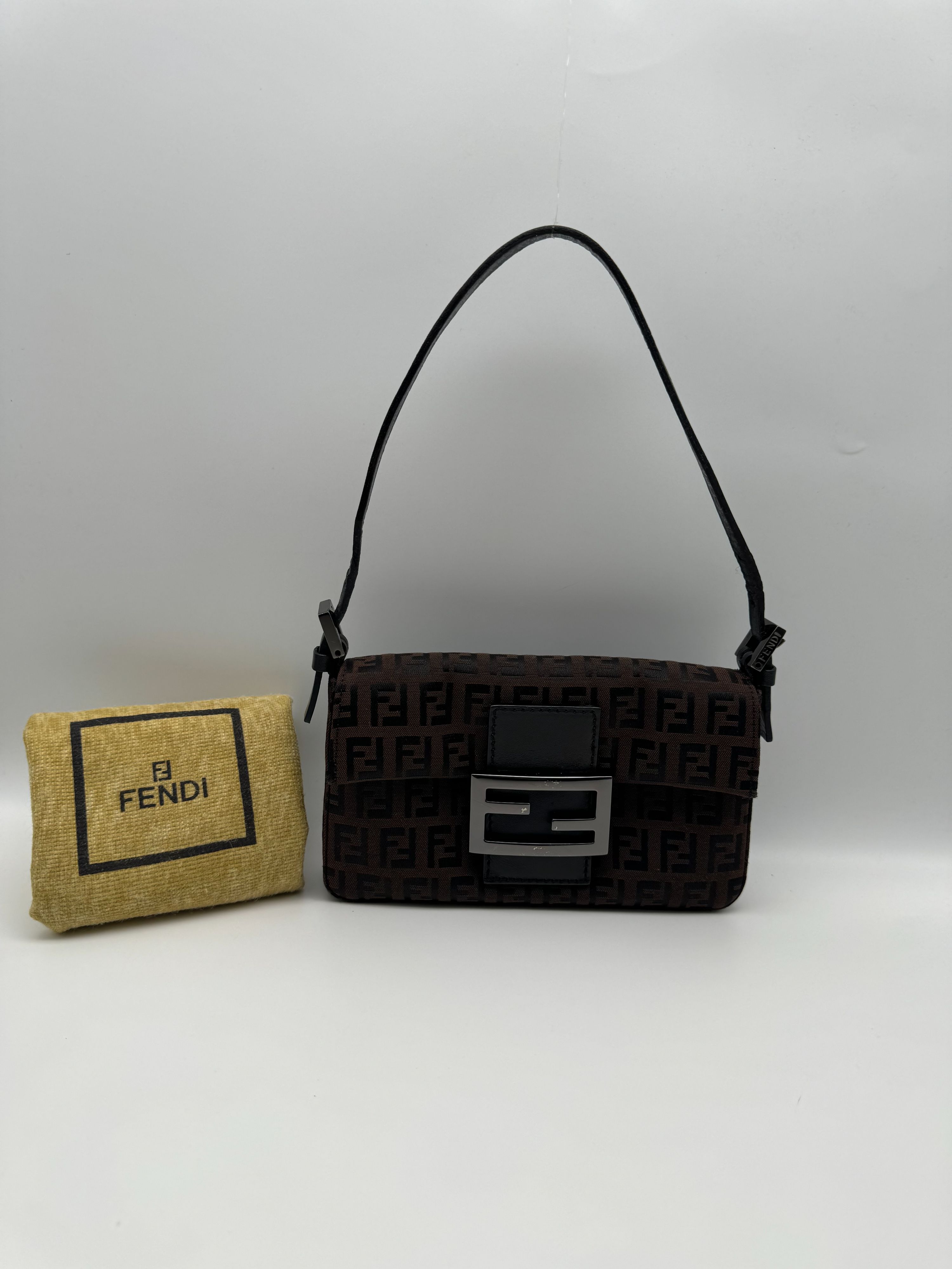 Preowned Fendi Brown Monogram Mini Baguette Bag jacquard cloth