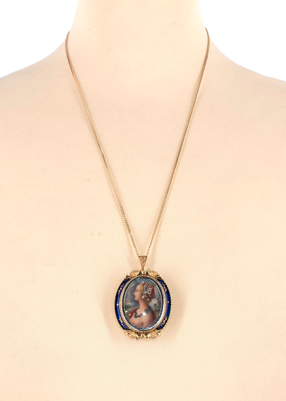 Preowned Bespoke 18ct Gold Blue Enamel Victorian Diamond Portrait Pendant Necklace gold navy yellow gold