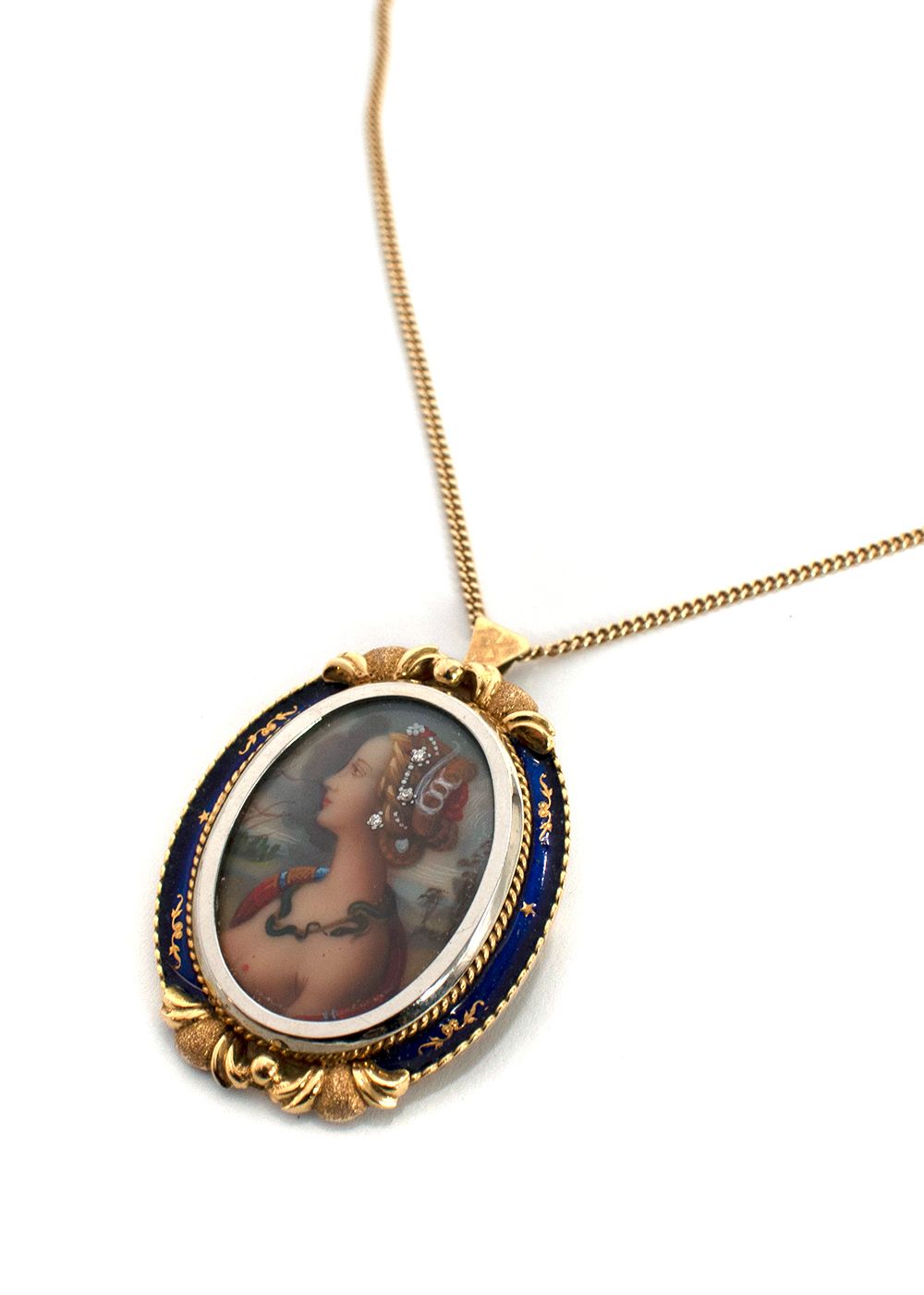 Preowned Bespoke 18ct Gold Blue Enamel Victorian Diamond Portrait Pendant Necklace gold navy yellow gold