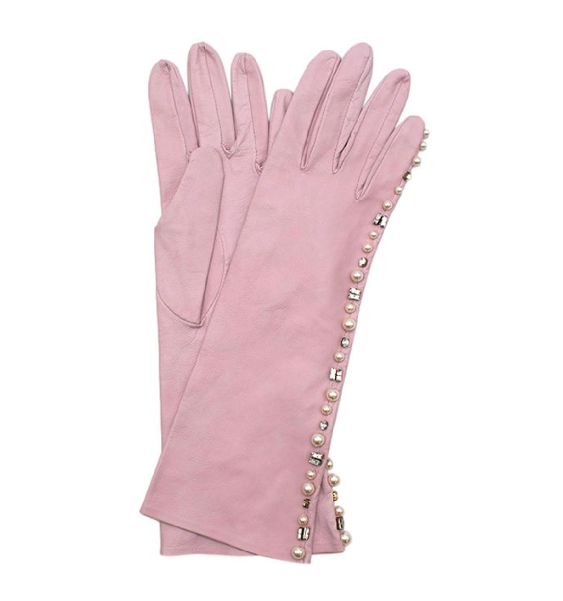 Emilia Wickstead Pearl and Crystal Embellished Pink Leather Gloves Size M