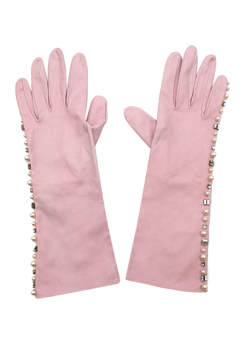 Emilia Wickstead Pearl and Crystal Embellished Pink Leather Gloves Size M