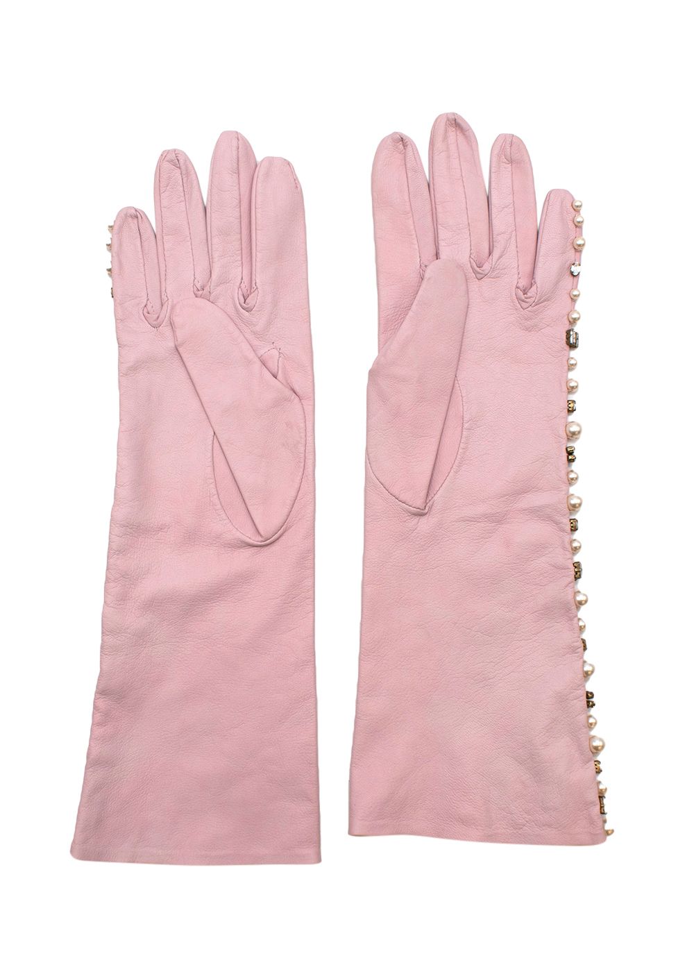 Emilia Wickstead Pearl and Crystal Embellished Pink Leather Gloves Size M