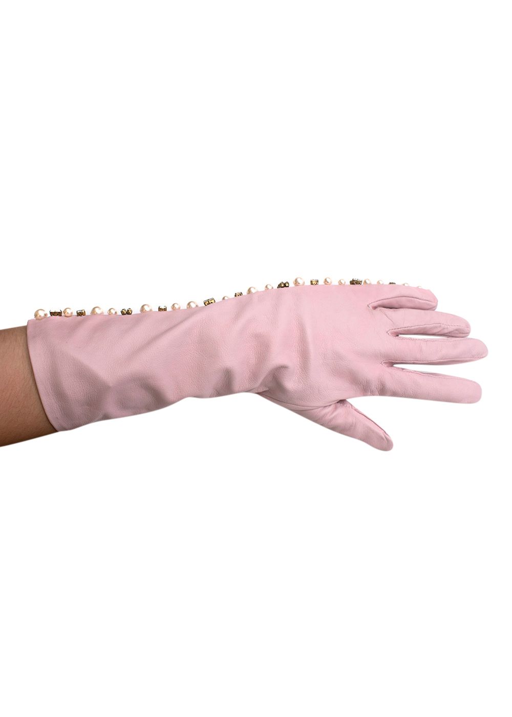 Emilia Wickstead Pearl and Crystal Embellished Pink Leather Gloves Size M