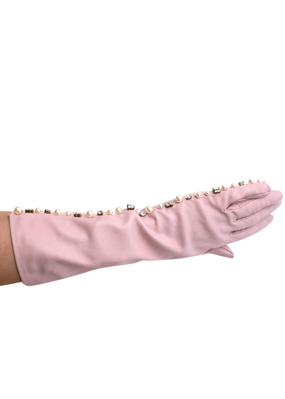 Emilia Wickstead Pearl and Crystal Embellished Pink Leather Gloves Size M