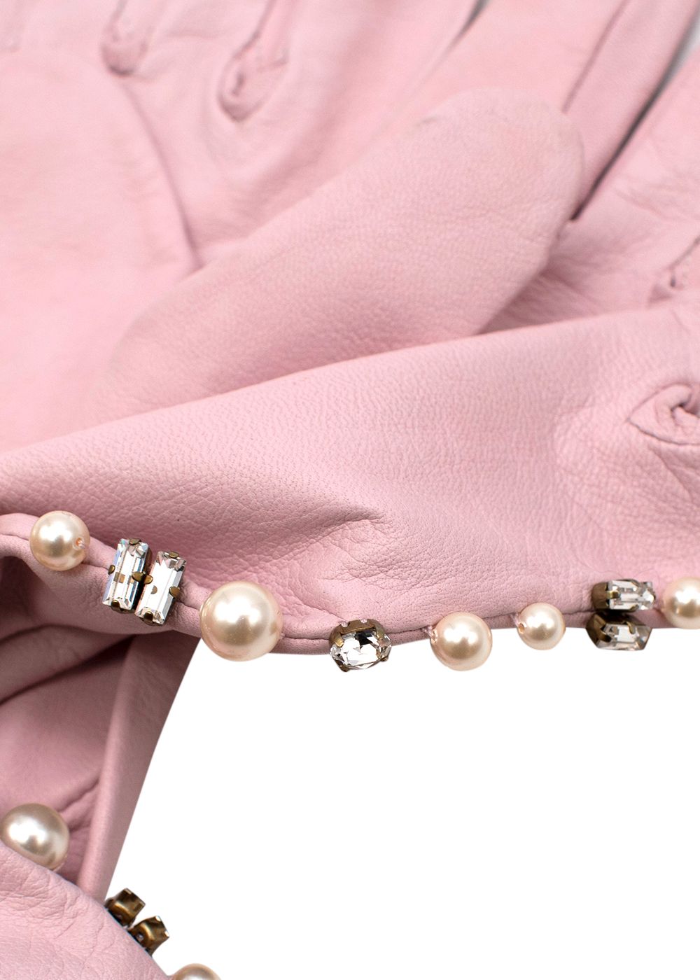 Emilia Wickstead Pearl and Crystal Embellished Pink Leather Gloves Size M