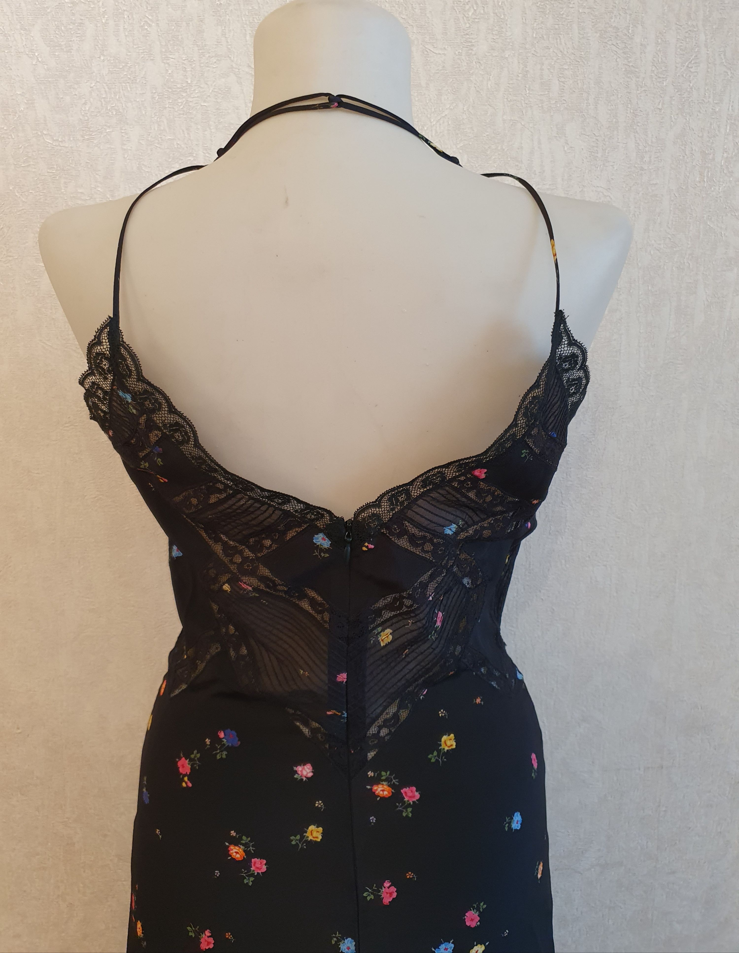 Preowned Ermanno Scervino Black floral silk crepe  lace slip dress Size S Black/Floral