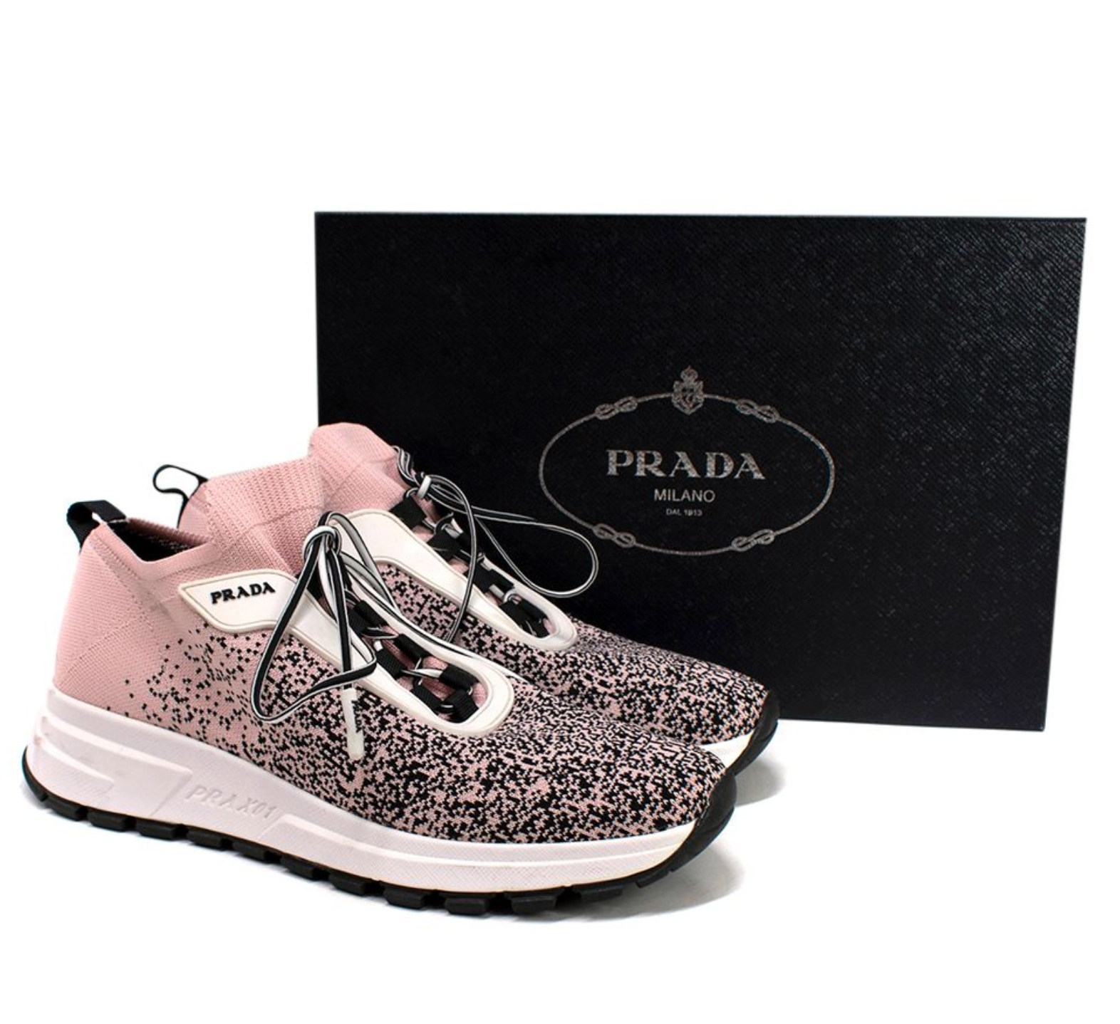 Preowned Prada Pink  Black Prax 01 Knit Sneakers Size 37 Pink White and Black rubber