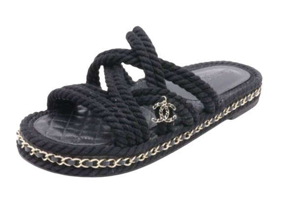 Preowned Chanel Black Rope Sandals with Chain Detail Size 37 fabric