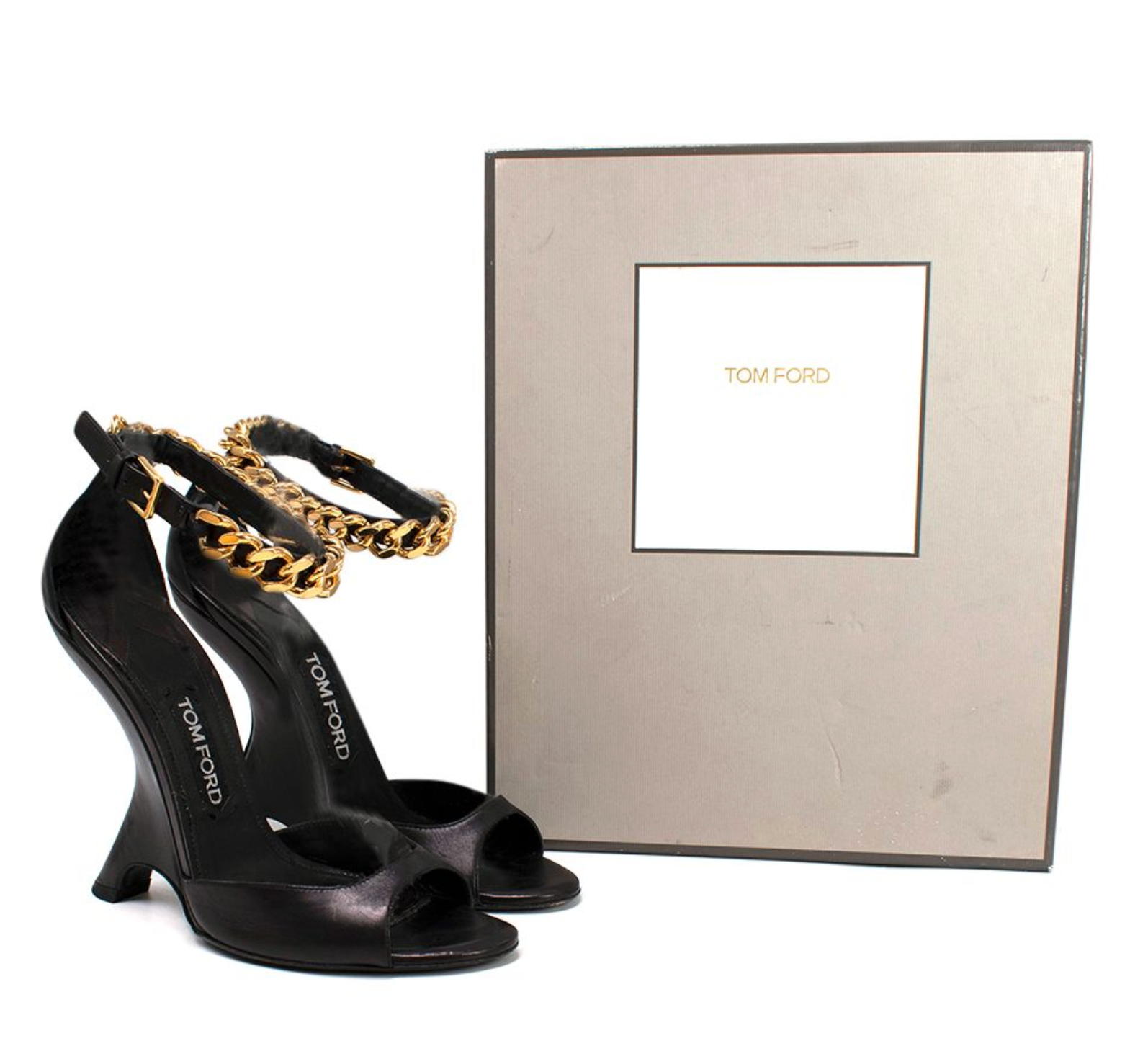 Preowned Tom Ford 105mm Iconic Chain leather sandals Size 40 Black and Gold