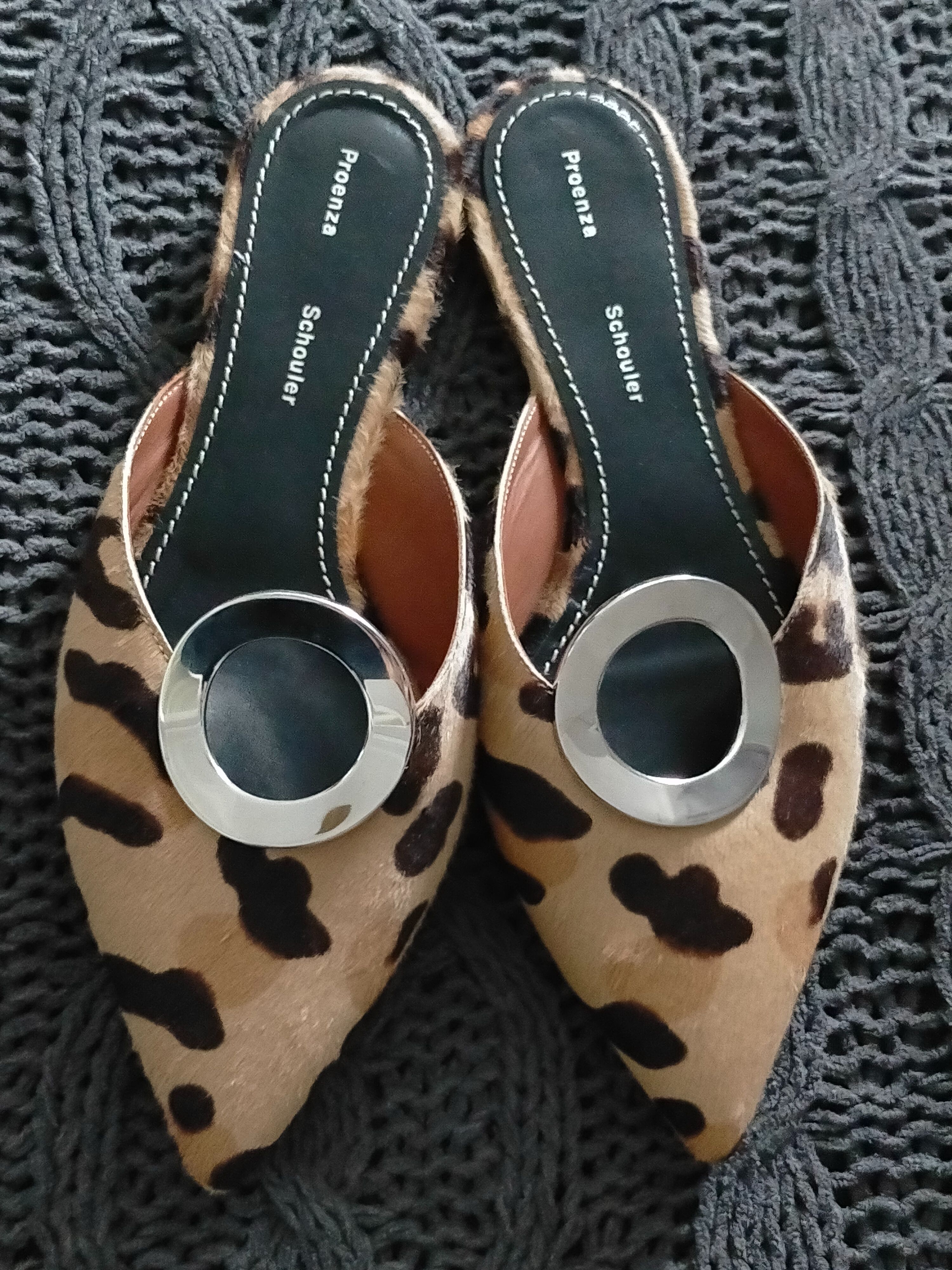 Preowned Proenza Schouler Eyelet-embellished Leopard-print Calf Hair Slippers Size 37 Leopard print leopard print calf hair