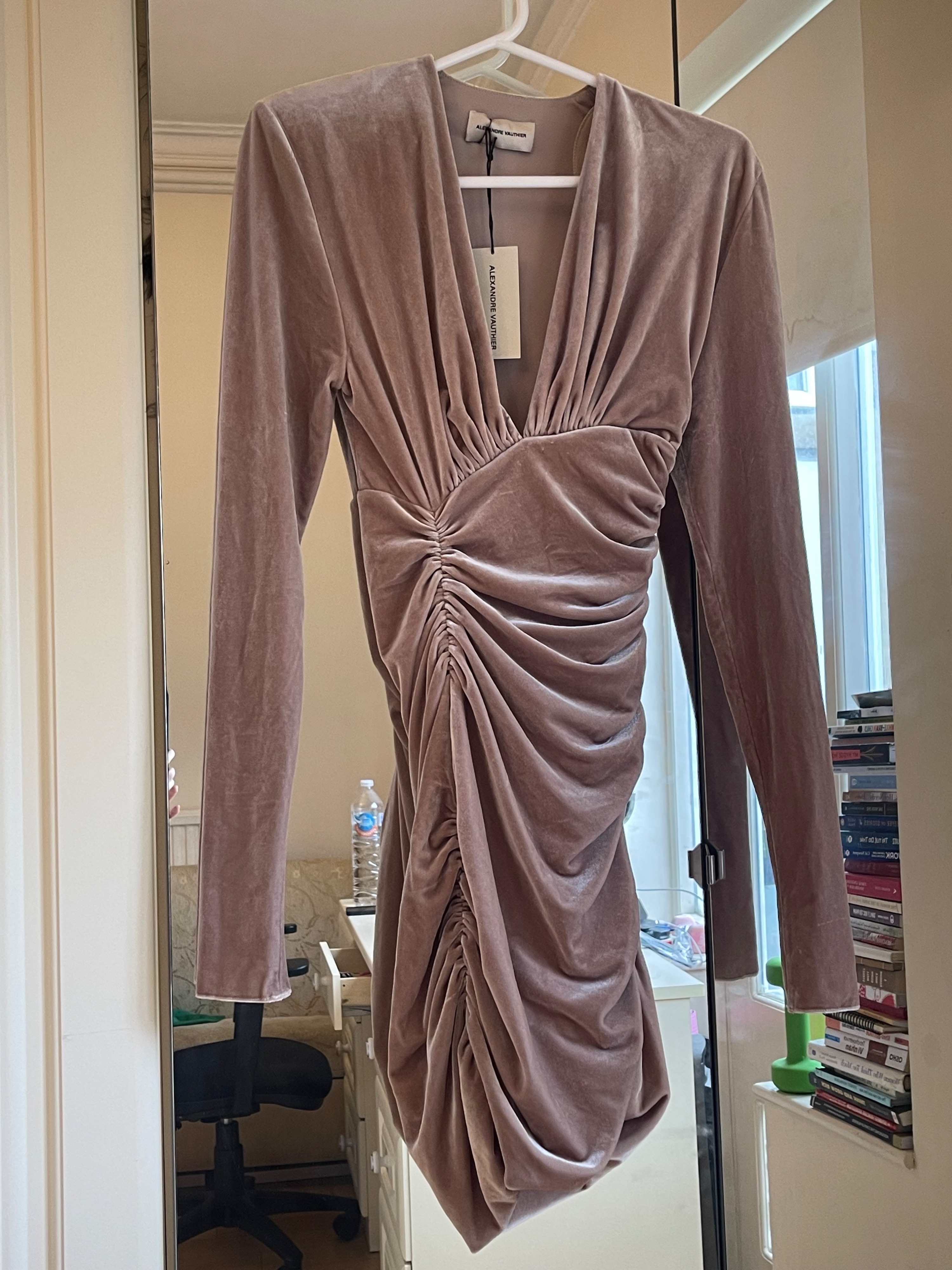 Alexandre Vauthier Mauve Ruched Plunge Mini Dress Size XS Nude polyester/polyamide/elastane