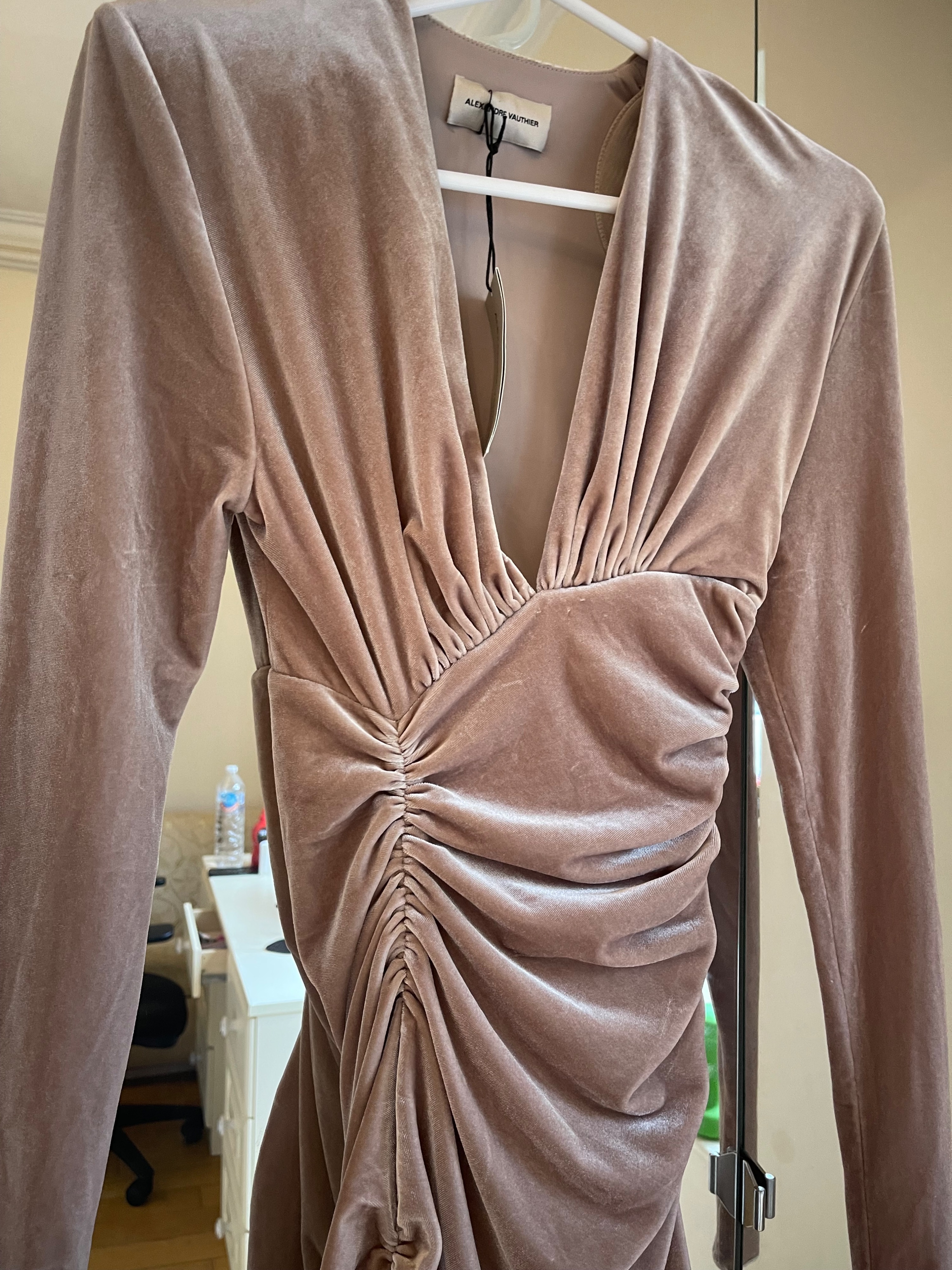 Alexandre Vauthier Mauve Ruched Plunge Mini Dress Size XS Nude polyester/polyamide/elastane