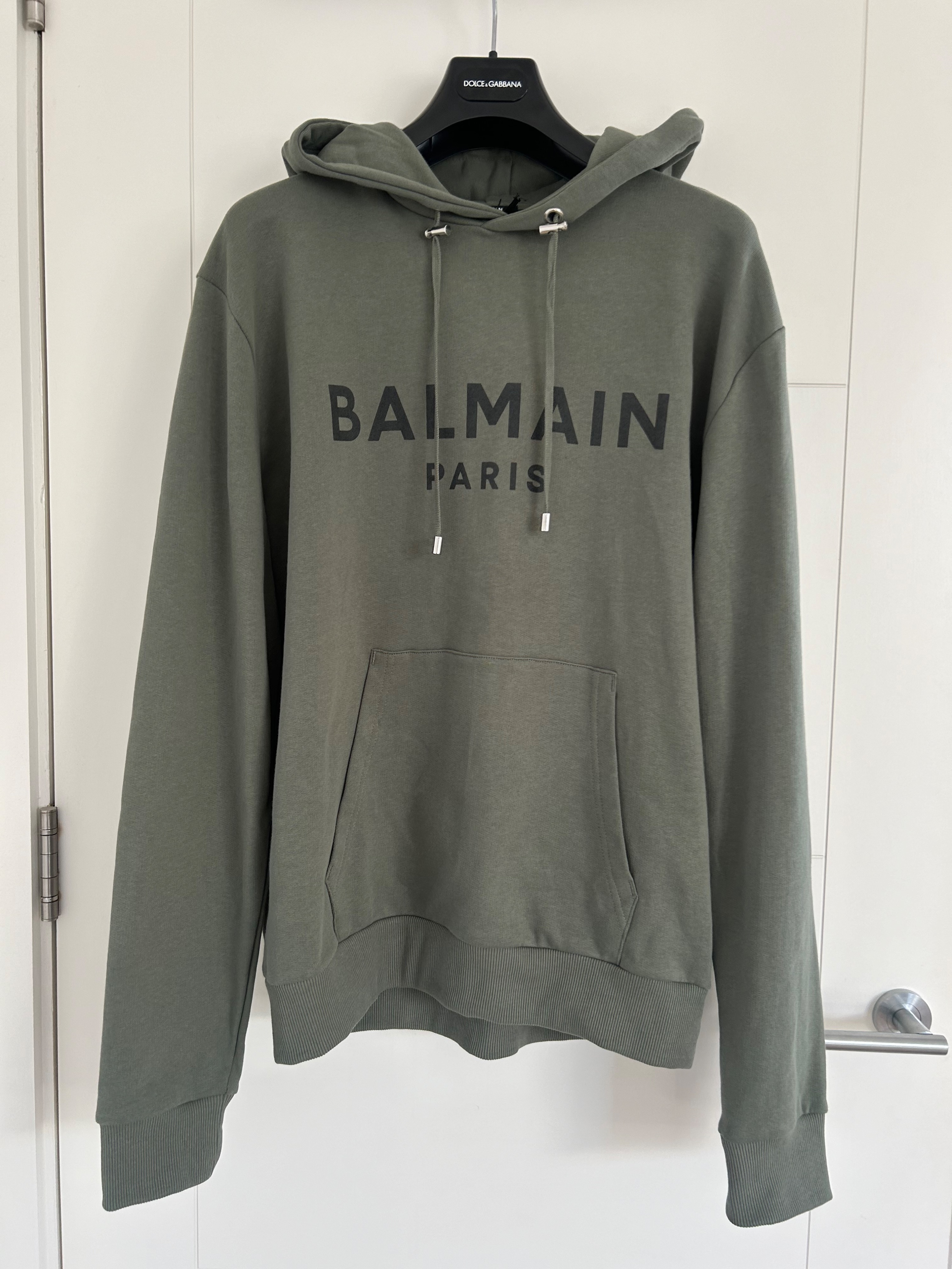 Men's Balmain Green Logo Print Hoodie Size M cotton