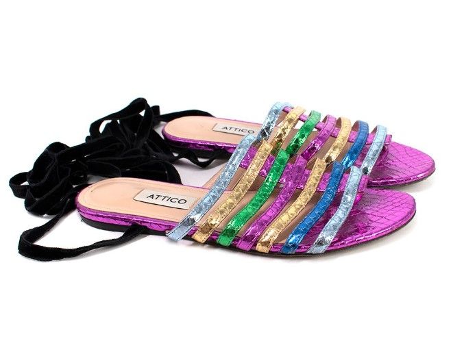 Preowned Attico Metallic Rainbow Snake Embossed Lace-up Flat Sandals Size 36 Multi-colour leather