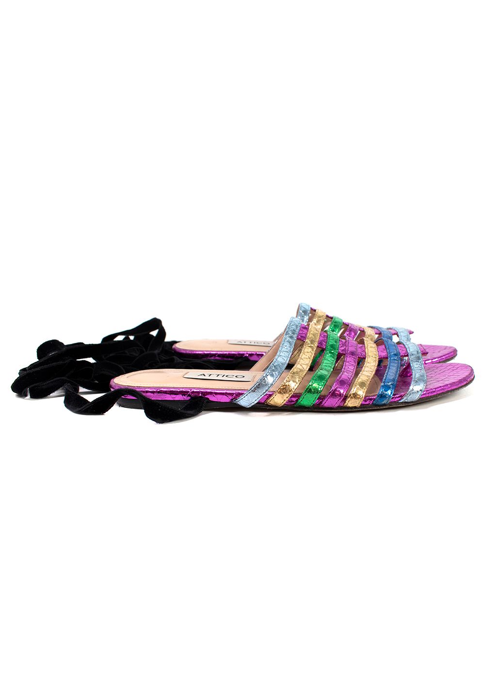 Preowned Attico Metallic Rainbow Snake Embossed Lace-up Flat Sandals Size 36 Multi-colour leather