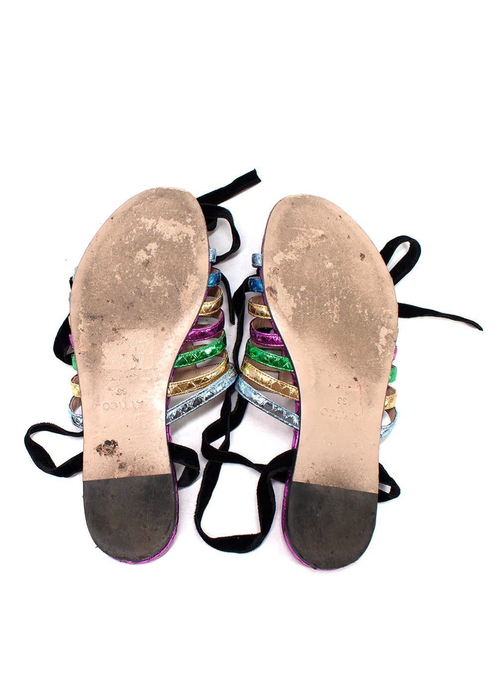 Preowned Attico Metallic Rainbow Snake Embossed Lace-up Flat Sandals Size 36 Multi-colour leather