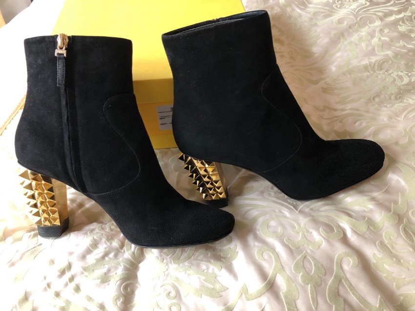 Fendi Black Suede Ankle Boots with Gold Spiked Heel Size 405