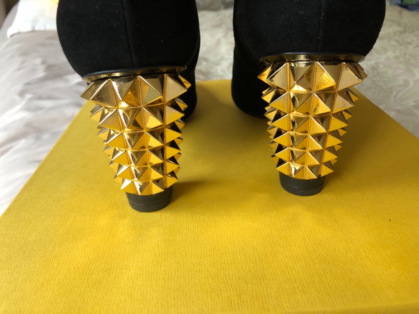 Fendi Black Suede Ankle Boots with Gold Spiked Heel Size 405