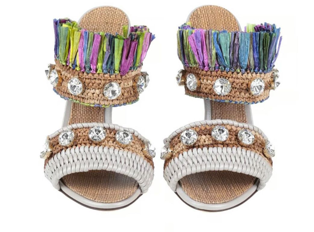 Dolce  Gabbana Tropical Jungle Fringed Heeled Sandals Size 38 Multicolour leather