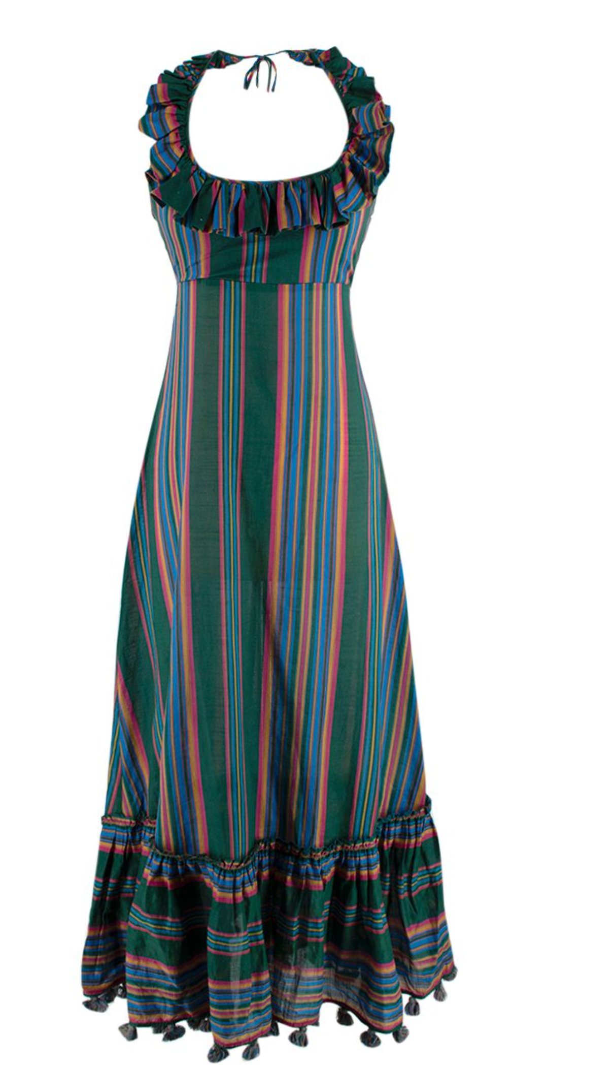 Zimmermann Dark Green Ruffled Striped Halterneck Maxi Dress Size XS dark green multicoloured cotton