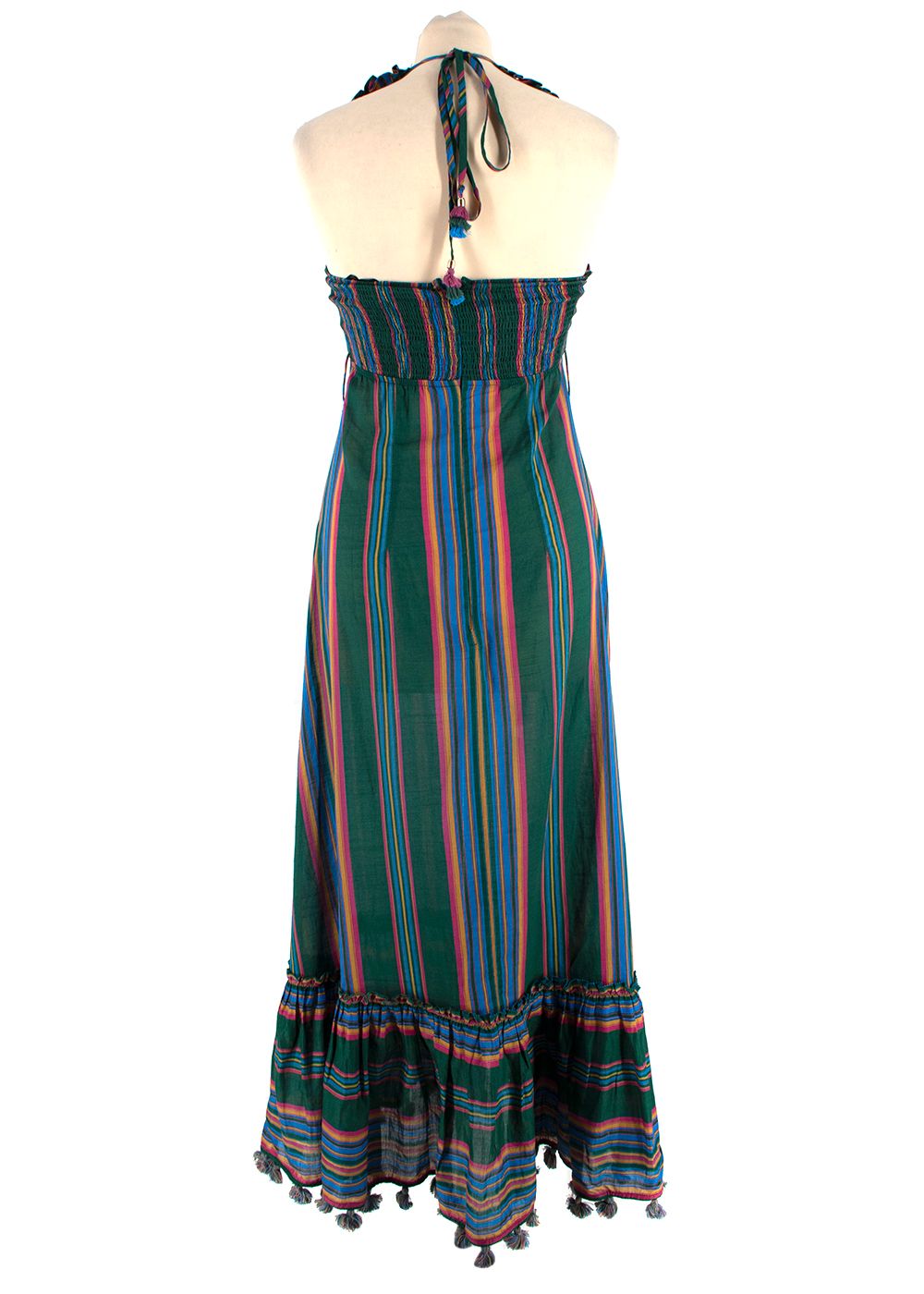 Zimmermann Dark Green Ruffled Striped Halterneck Maxi Dress Size XS dark green multicoloured cotton