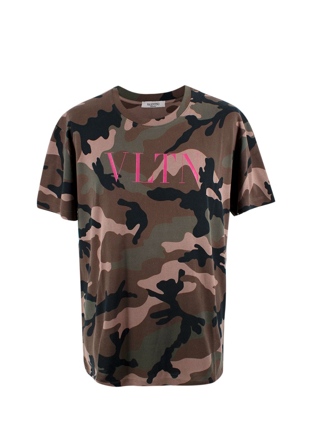 Men's Preowned Valentino Camo T-Shirt with Pink Logo Size L khaki pink cotton