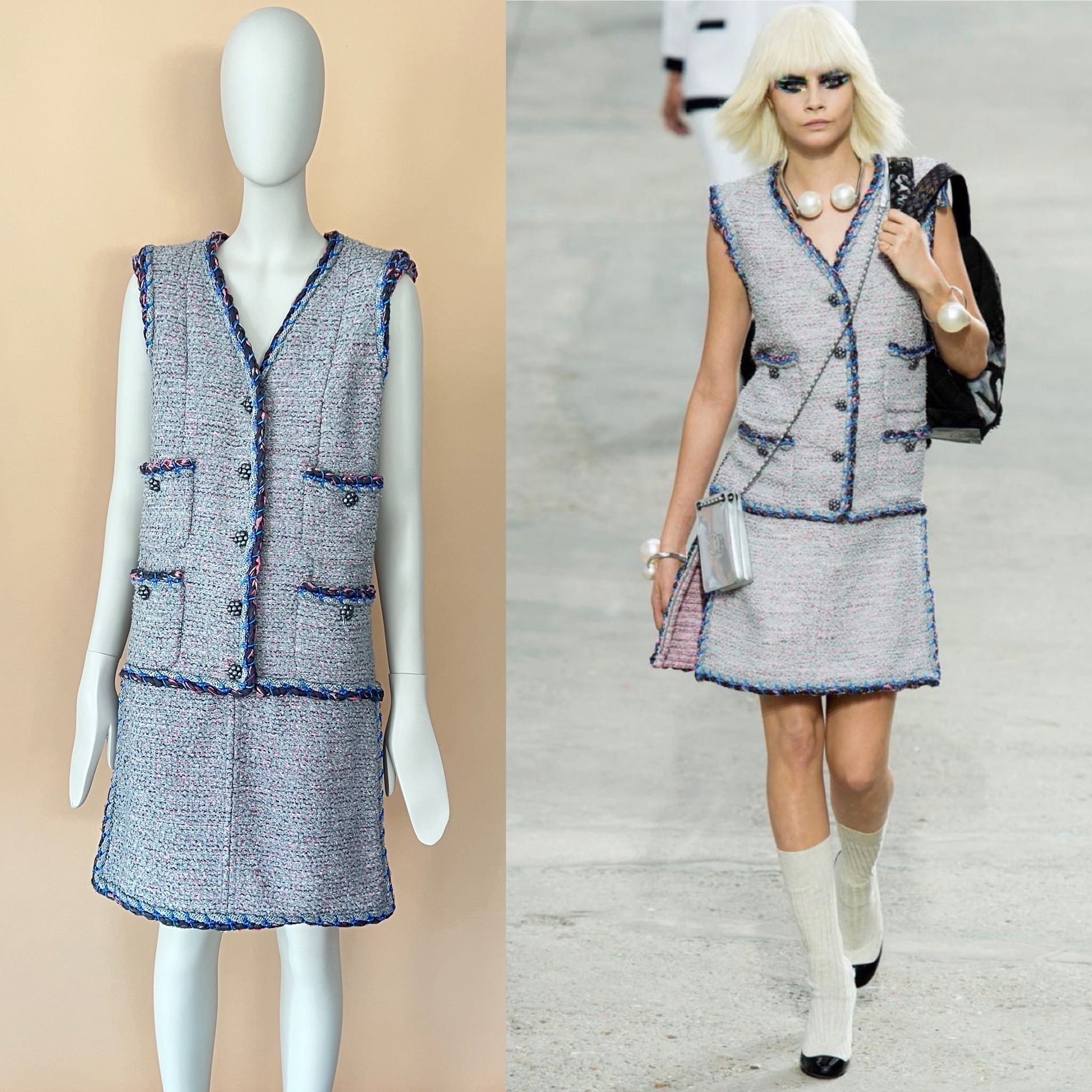 Chanel Grey Multi Pocket Tweed Dress Size S