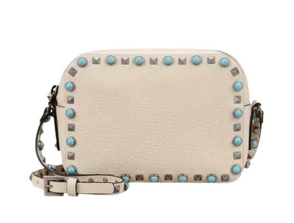 Preowned Valentino Rolling Rockstud Ivory/Turquoise Camera Crossbody Bag ecru leather