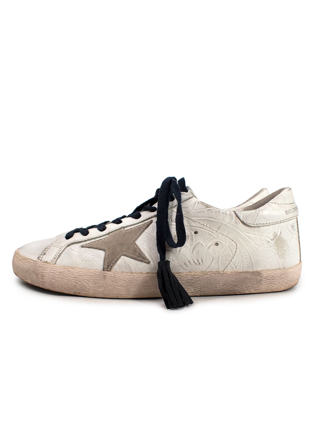 Men's Preowned Golden Goose White Super Star Textured Leather Distressed Sneakers Size 43