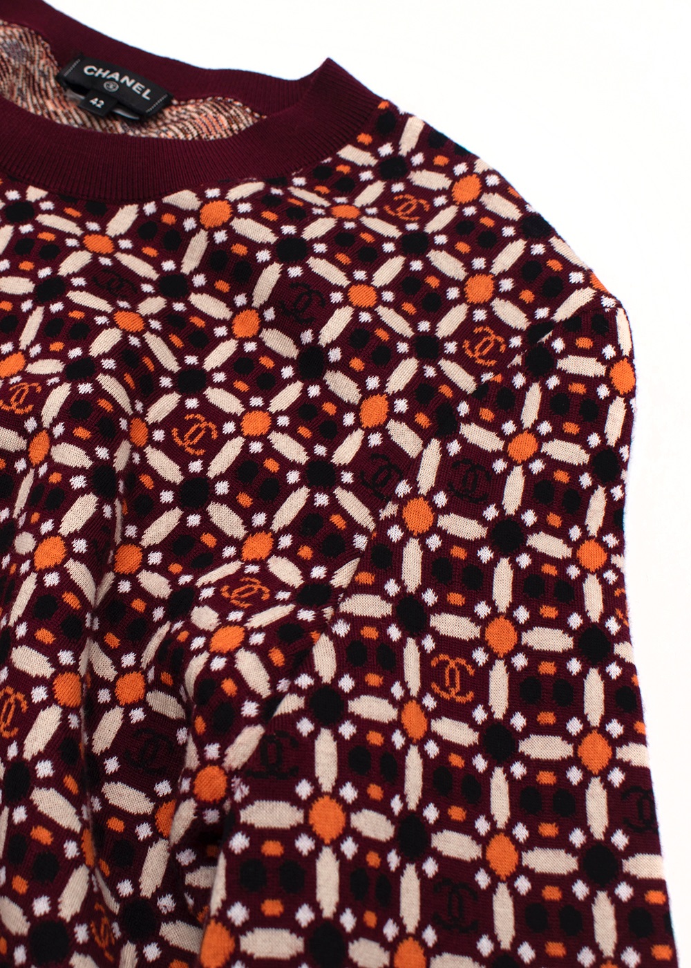 Chanel Burgundy/Orange Floral CC Jumper Size S Burgundy cotton/wool/polyamide