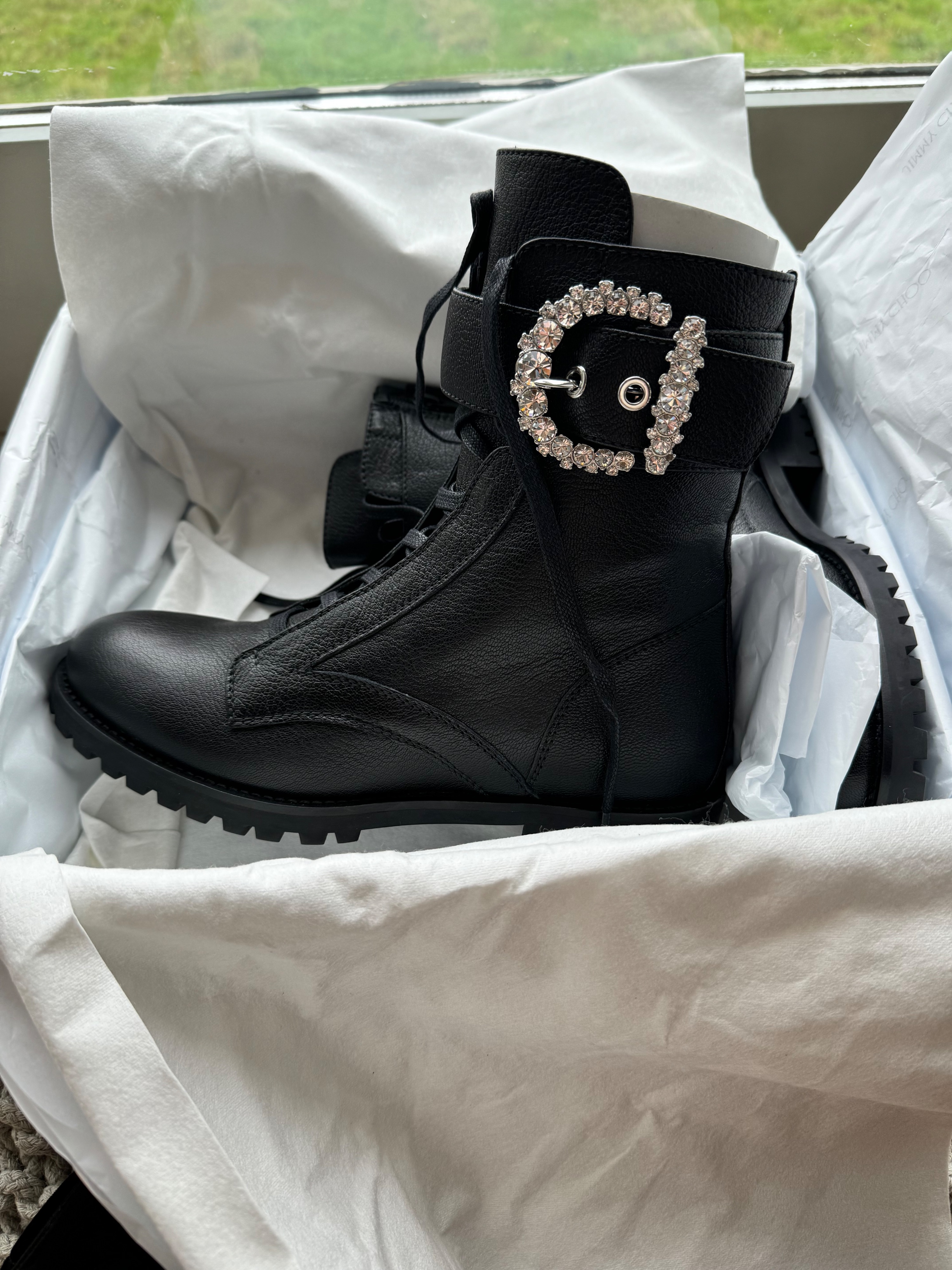 Jimmy Choo Crystal Embellished Buckle Black Leather Combat Boots Size 39