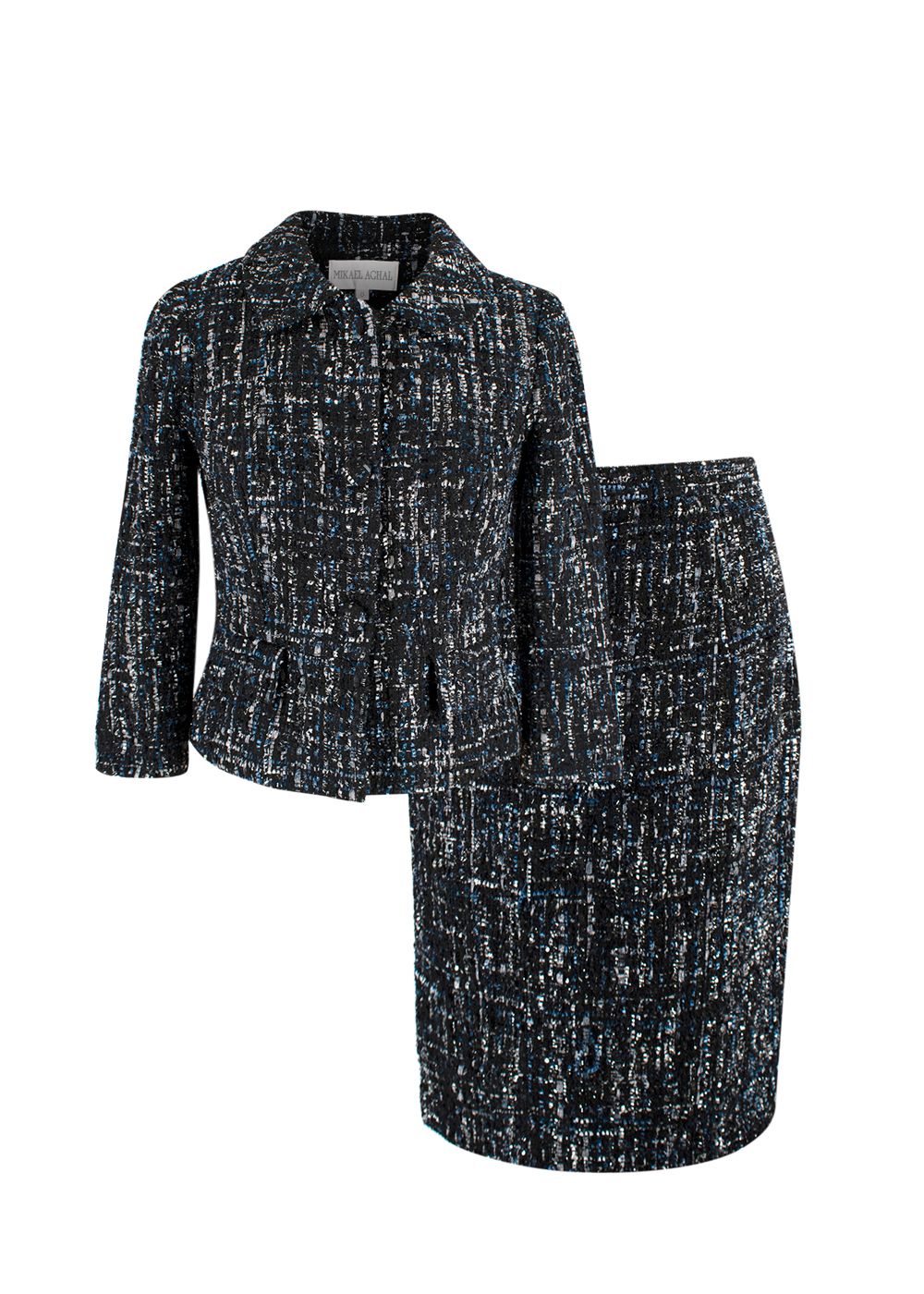 Preowned Mikael Aghal Black and Blue Tweed Jacket  Skirt Size XXS black blue polyester