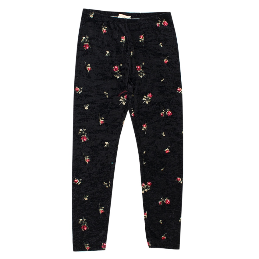 Boys Preowned Monnalisa Kids Black Rose Print Velvet Leggings Size 10 Years +