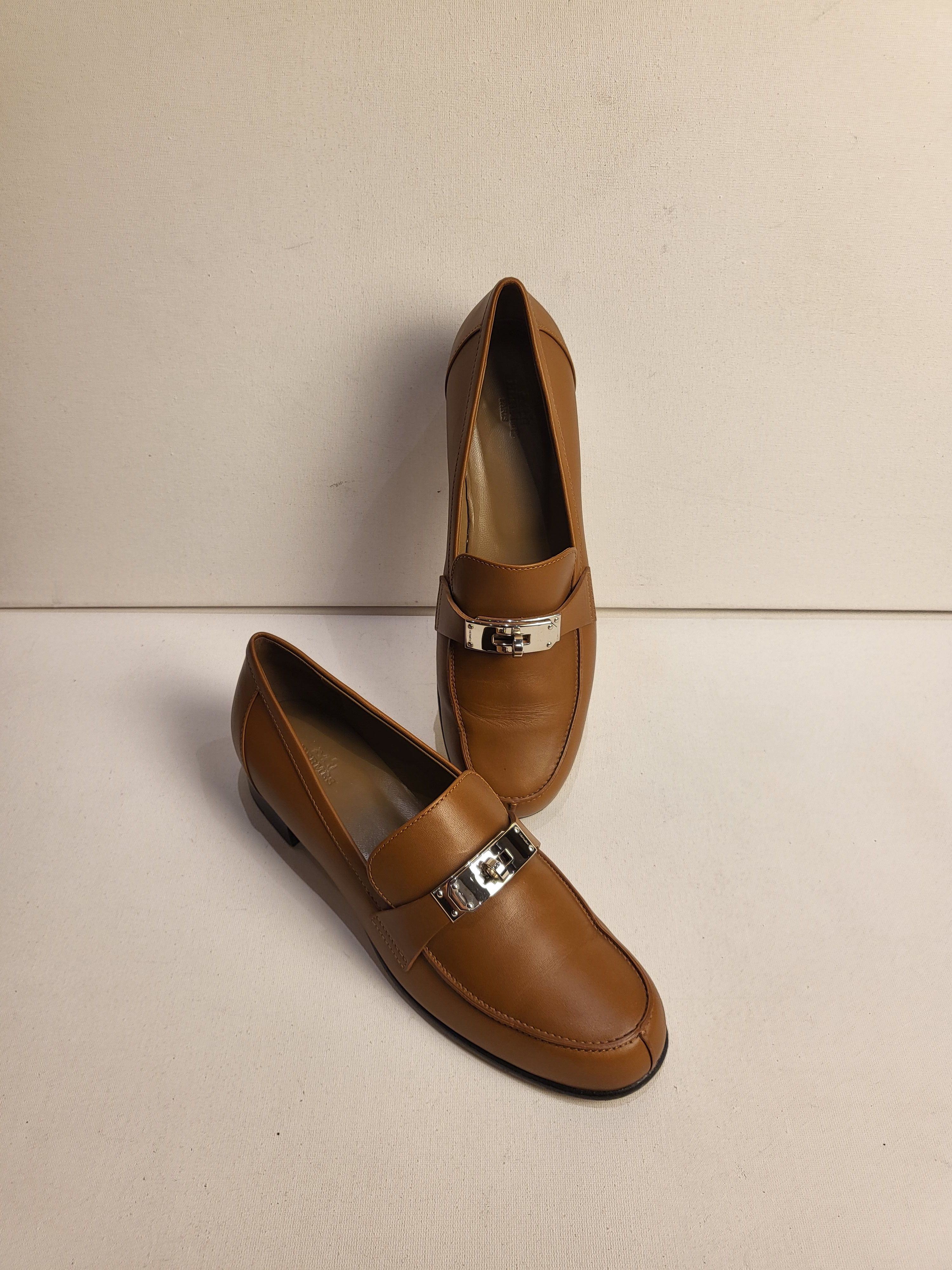 Preowned Hermes Naturel H Destin Loafers Size 39 Brown leather