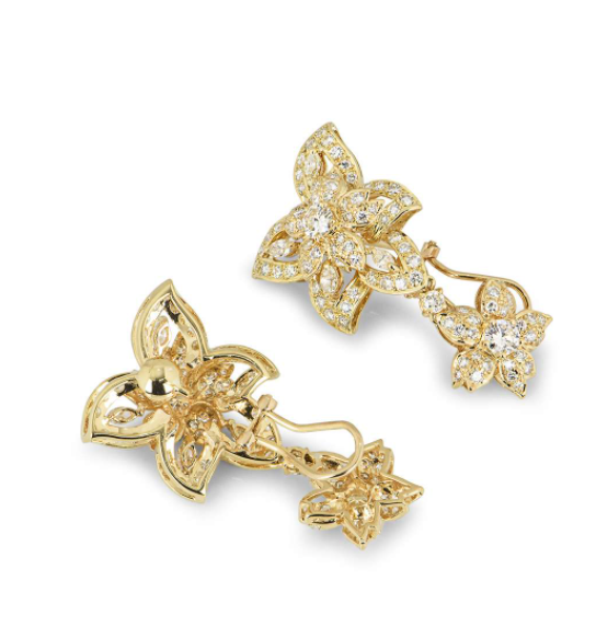 Preowned Bespoke Yellow Gold Diamond Flower Drop Earrings