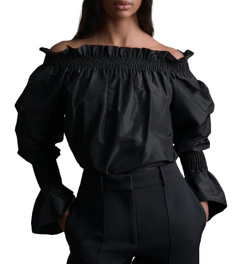 Adam Lippes Silk Taffeta Black Off The Shoulder Ruched Blouse Size XS