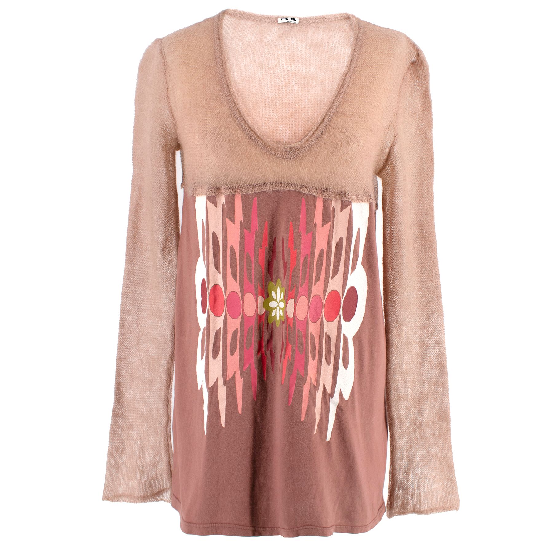 Preowned Miu Miu Knitted Trim Long-sleeved Top Size M Brown cotton