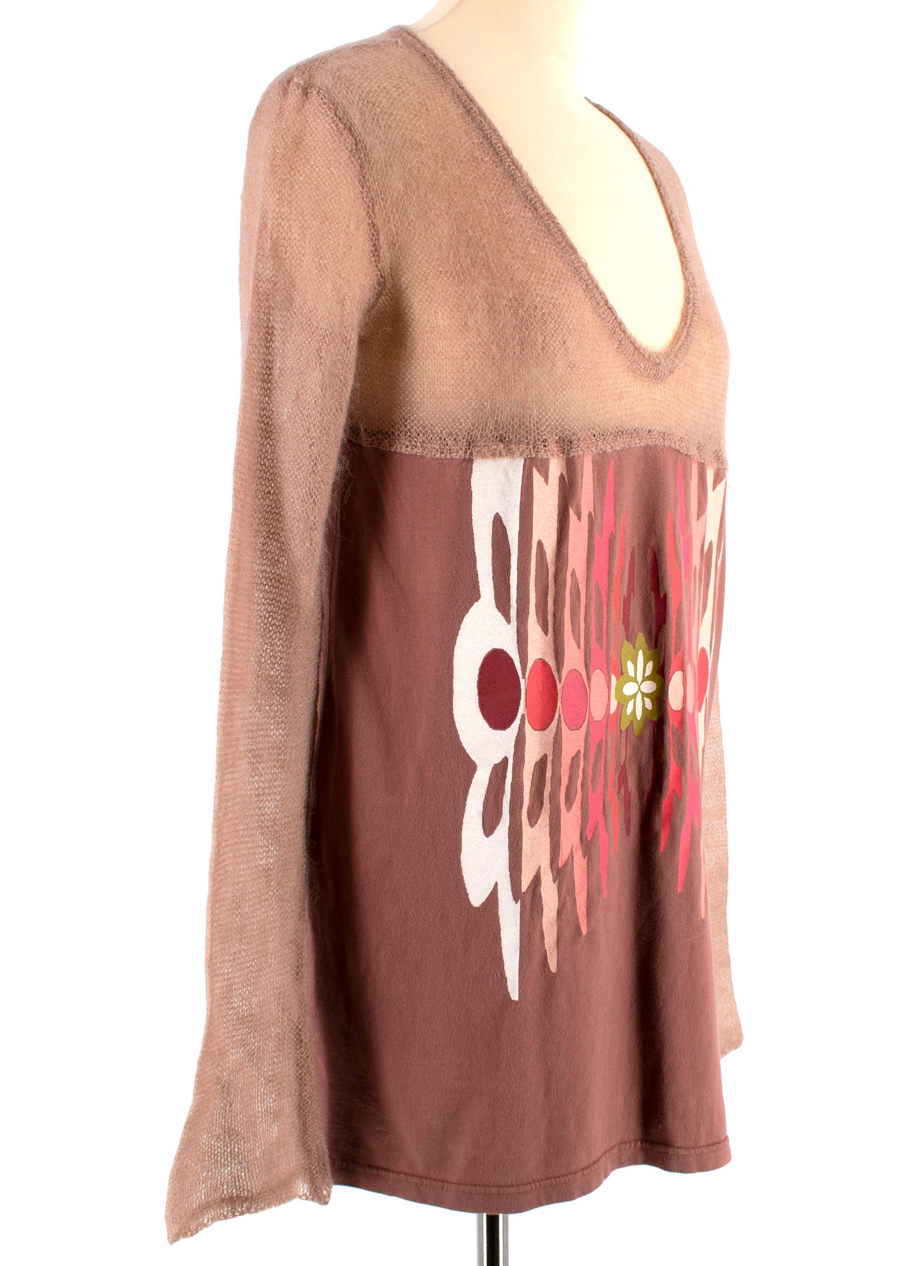 Preowned Miu Miu Knitted Trim Long-sleeved Top Size M Brown cotton