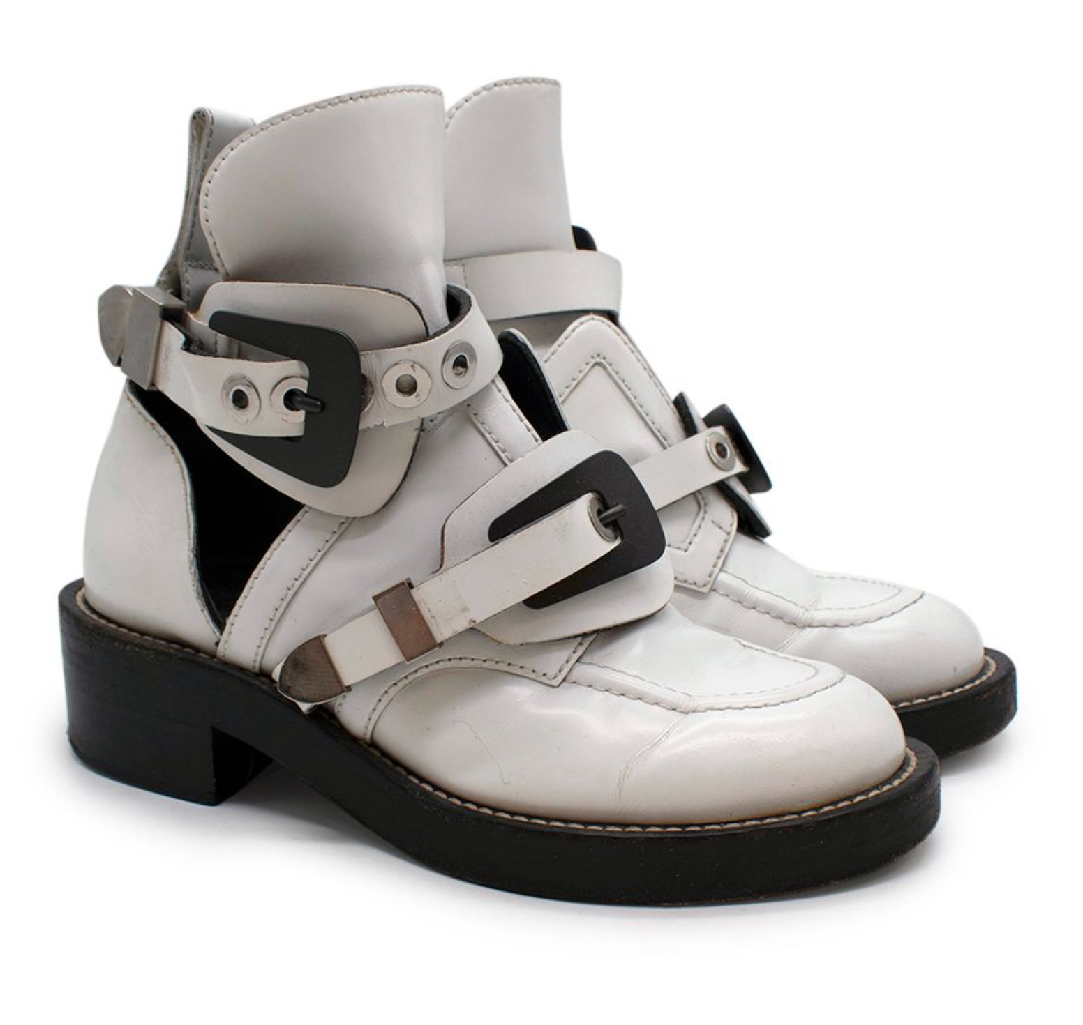 Preowned Balenciaga White Leather Ceinture Ankle Boots Size 36