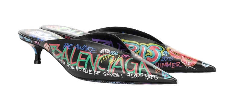 Preowned Balenciaga Graffiti Knife Leather Mules Size 39 Black , Multi