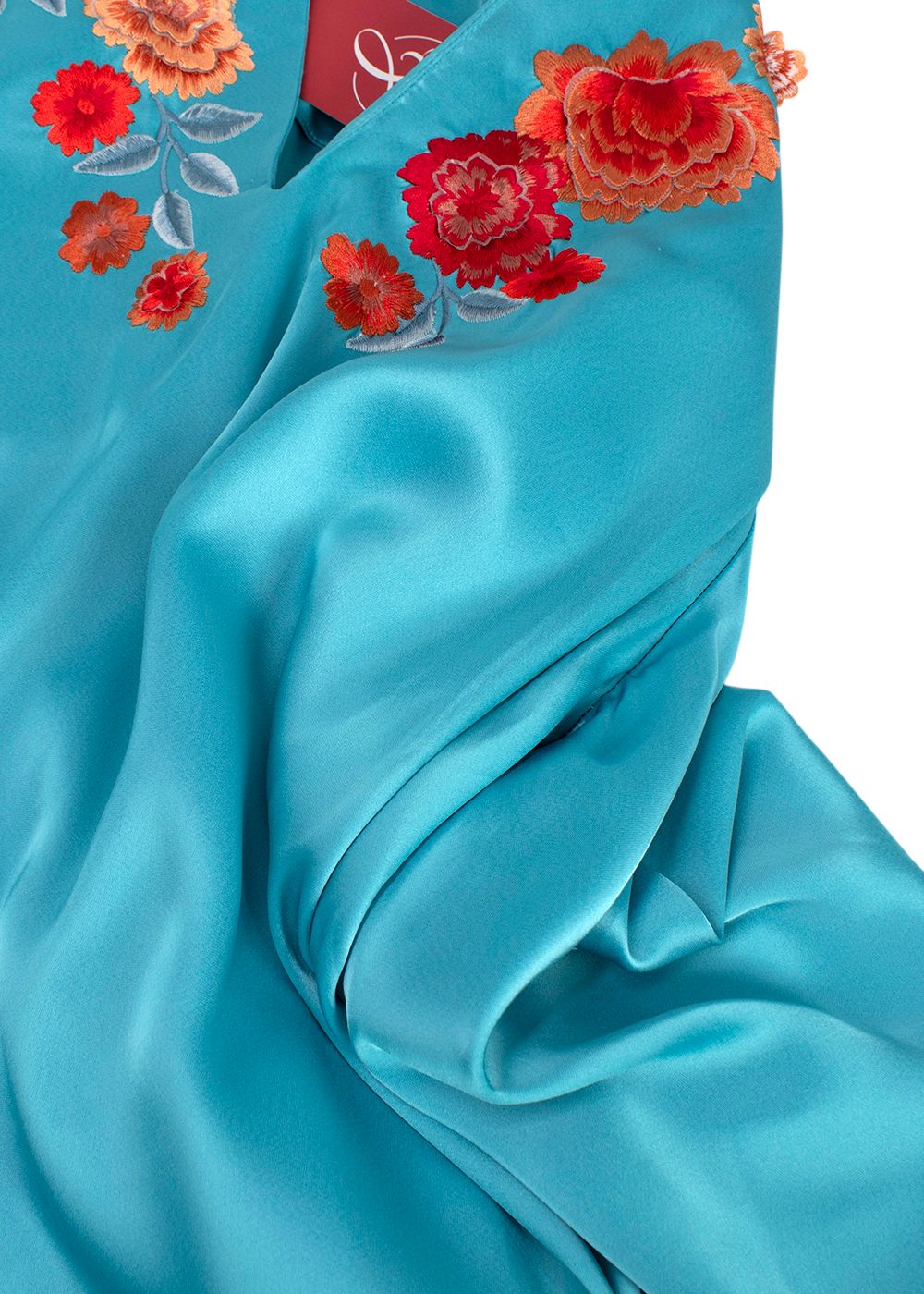 Elegant Embroidery Teal Satin Floral Applique Kaftan teal orange viscose