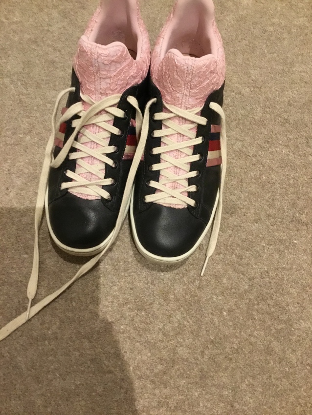 Preowned Gucci pink web lace black leather trainers Size 37