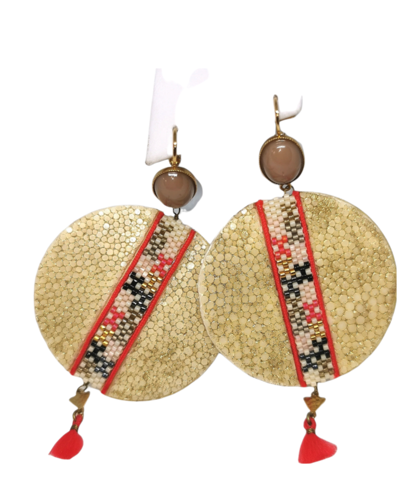 Satellite Paris beaded cabochon disc drop earrings Beige/Nude bead/fabric