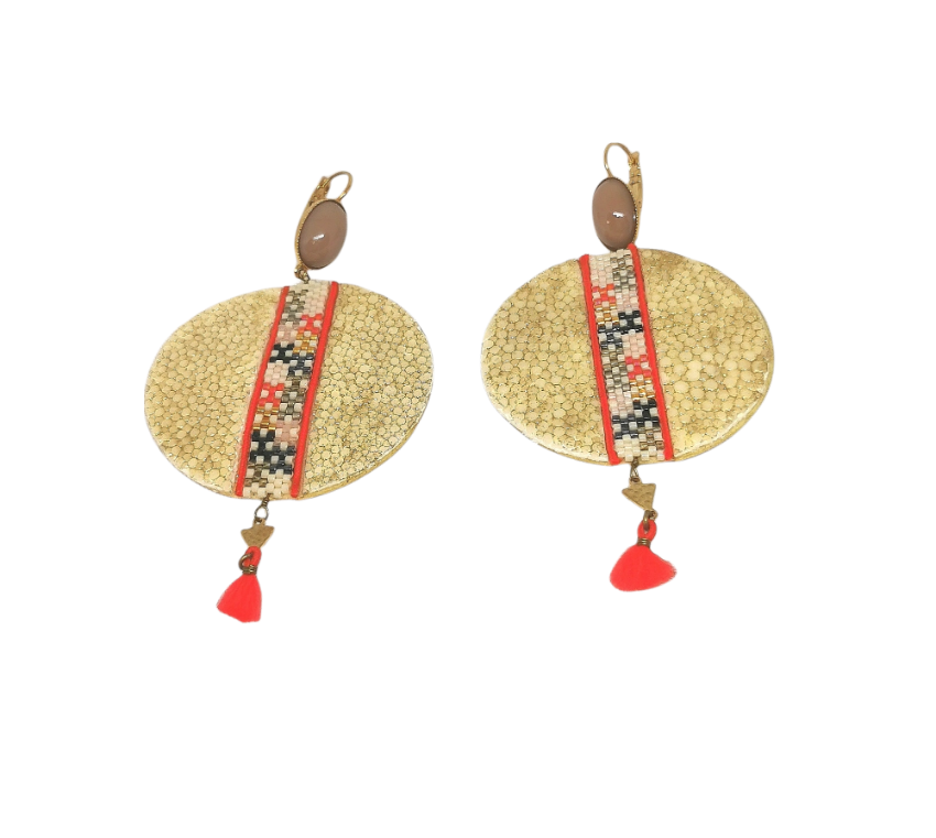 Satellite Paris beaded cabochon disc drop earrings Beige/Nude bead/fabric