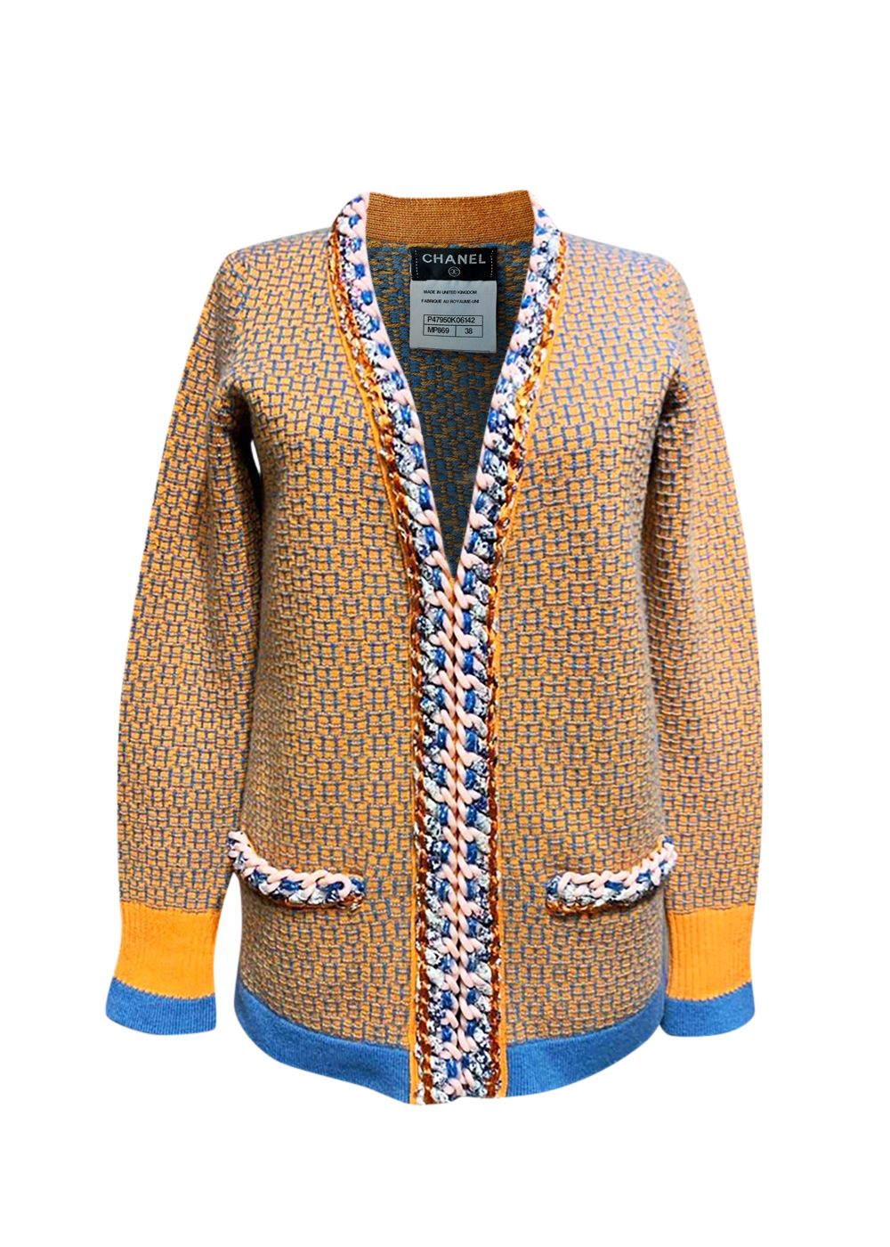 Chanel Orange and Blue Cashmere Cardigan Size S mustard, blue