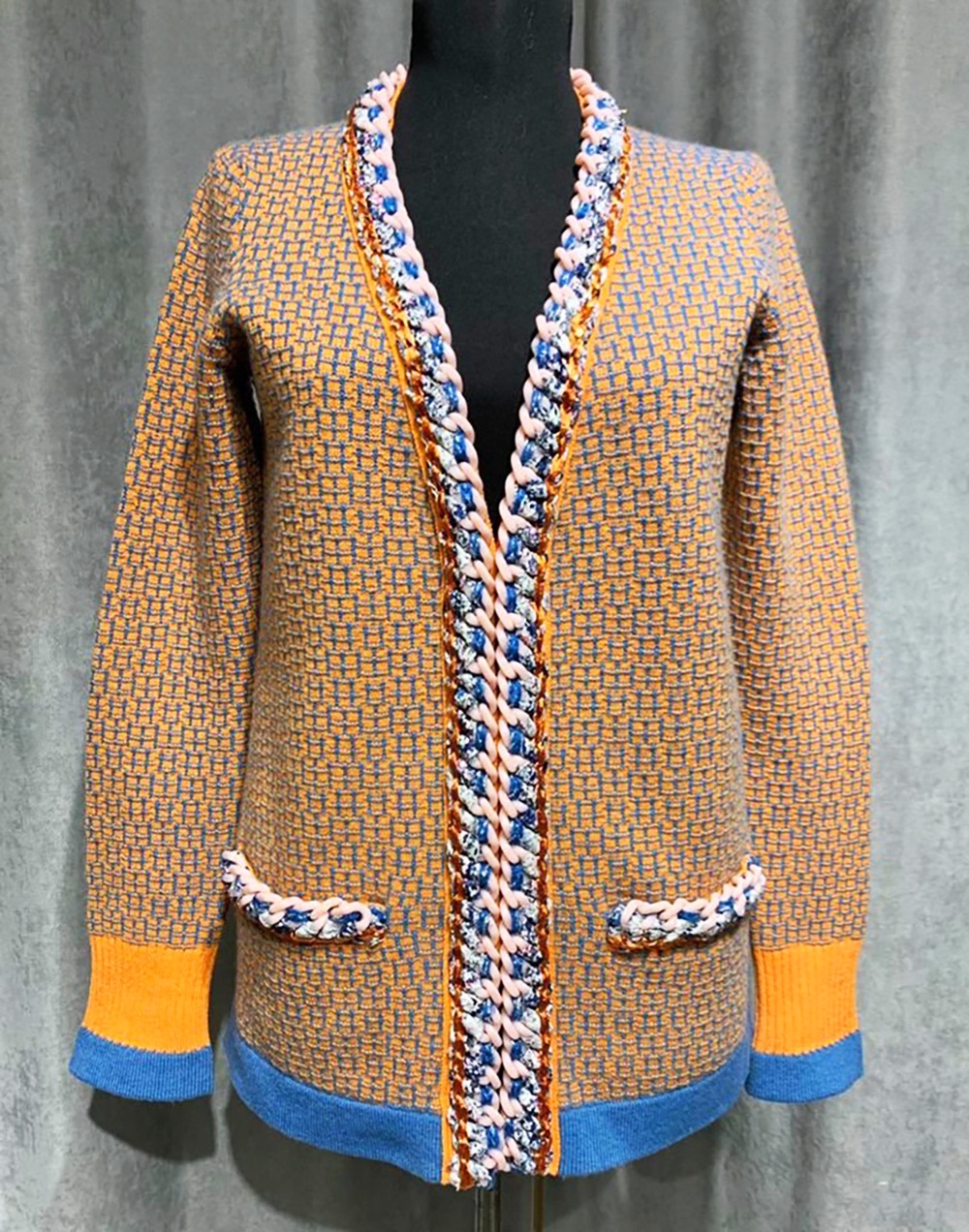 Chanel Orange and Blue Cashmere Cardigan Size S mustard, blue