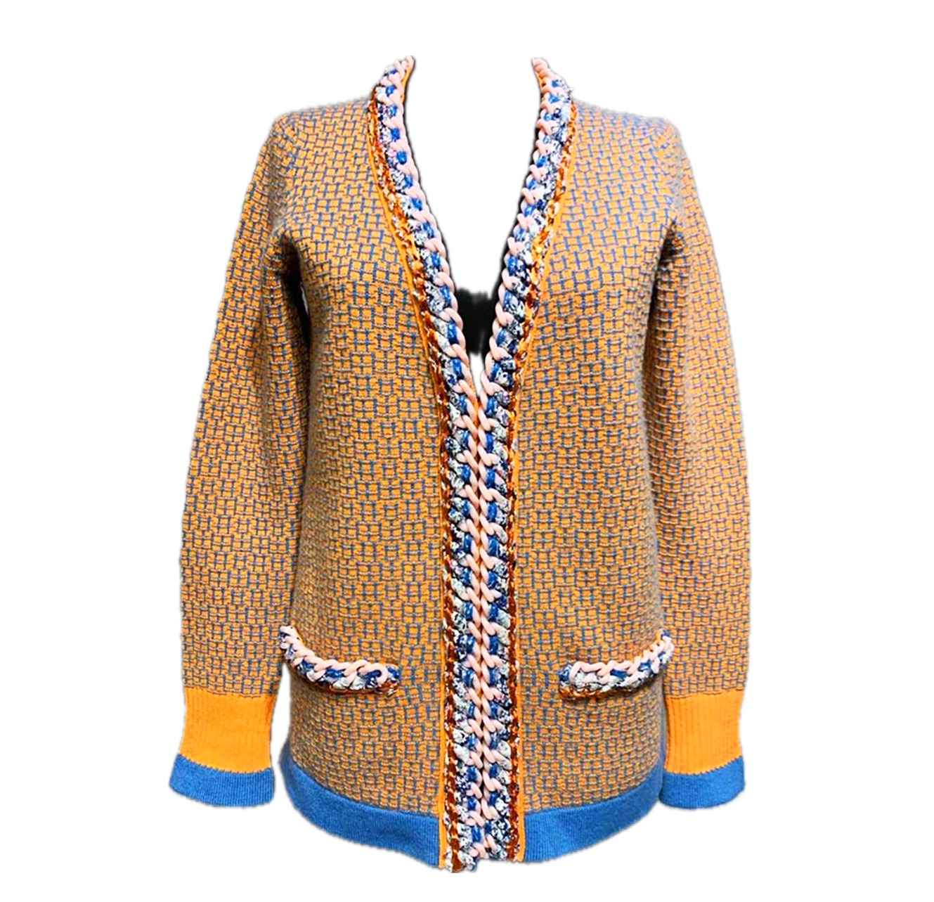 Chanel Orange and Blue Cashmere Cardigan Size S mustard, blue