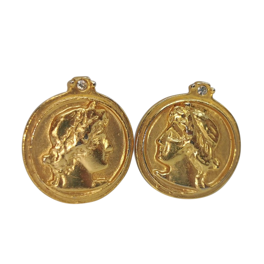 Preowned Bespoke Gold Tone Roman Intaglio Round Earrings Yellow metal